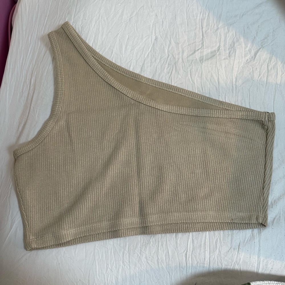 Beige Ribbed Knit Asymmetric Top
